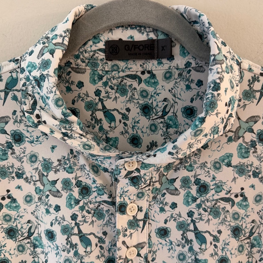G/FORE Mens XL Floral Bird Print Golf Polo Shirt Teal White
